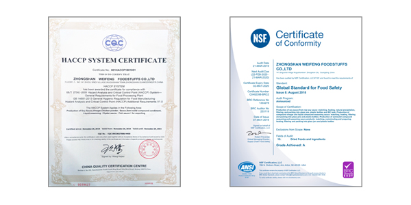 Congratulations to Zhongshang Weifeng for Obtaining HACCP and BRC(Grade A) Certificates