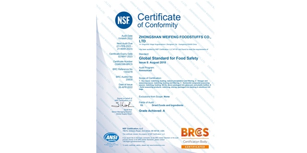 ZHONGSHAN WEIFENG BRC CERTIFICATE 2022-2023